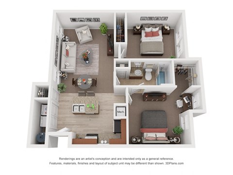 Floor plan for 2 beds, 1 bath, 858 sqft